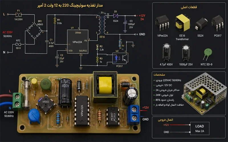 مدار تغذیه سئیچینگ 12 ولت 2 آمپر